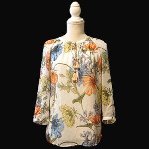 Daniel Rainn White Multi-Color Floral Print Sheer ¾ Sleeve Blouse Women’s Small